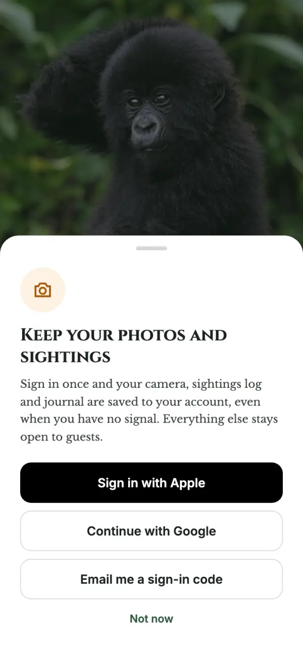 Prompt asking a guest to sign in to keep photos and sightings