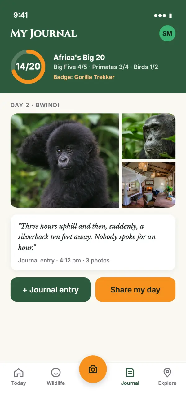 Journal screen with sightings progress and a written entry