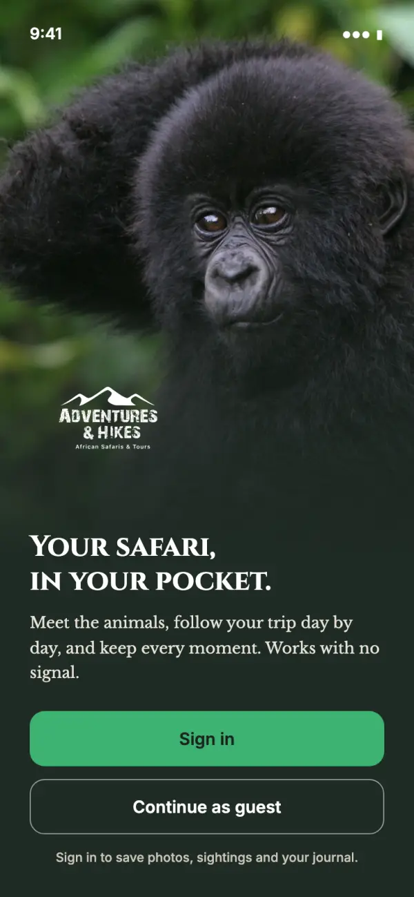 Welcome screen of the app with Sign in and Continue as guest buttons